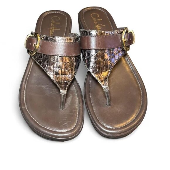 Cole Haan Women’s Size 7.5 Brown Leather Wedge Sandals Thong Flip Flop Air Comfo - Picture 4 of 8